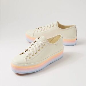 Keds Triple Up White Leather Sneakers with pastel rainbow soles, womens 10